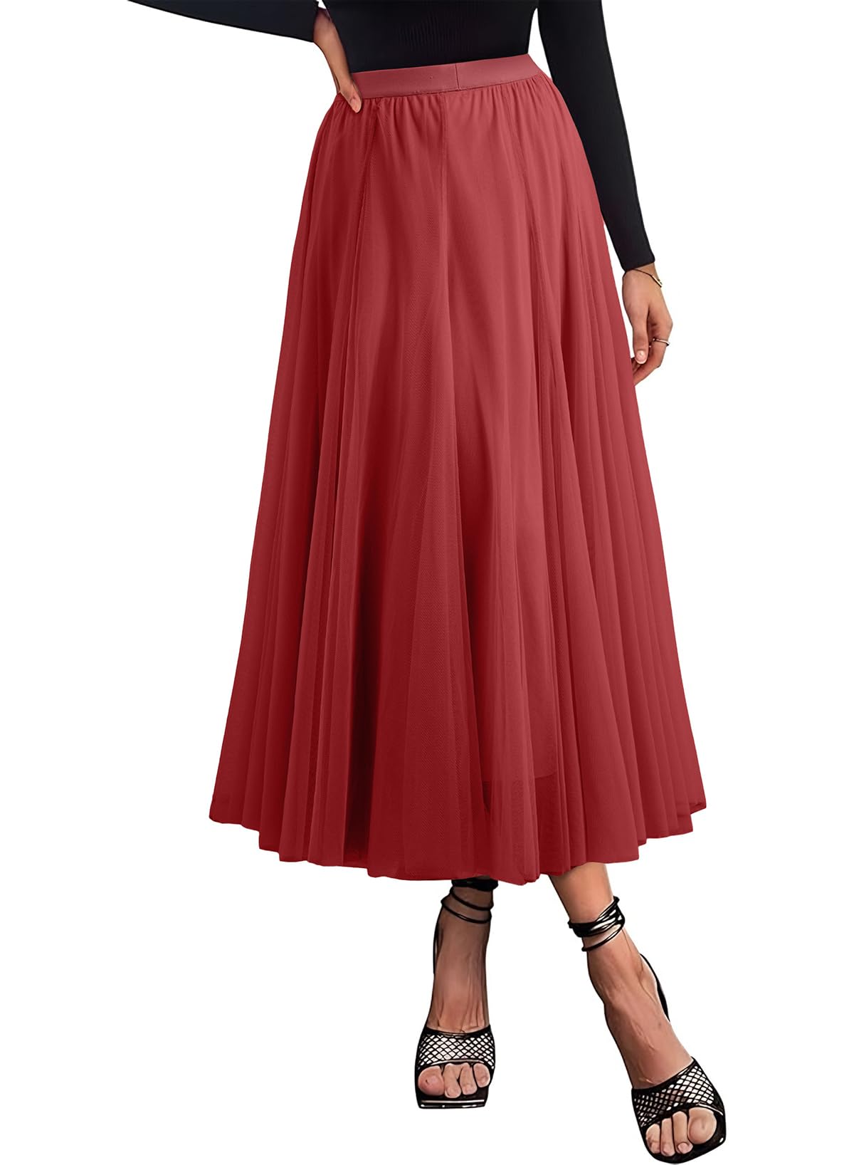 Happy Sailed Womens Tulle Skirt Elastic High Waisted A-Line Layered Flowy Long Skirts Date Night Outfit