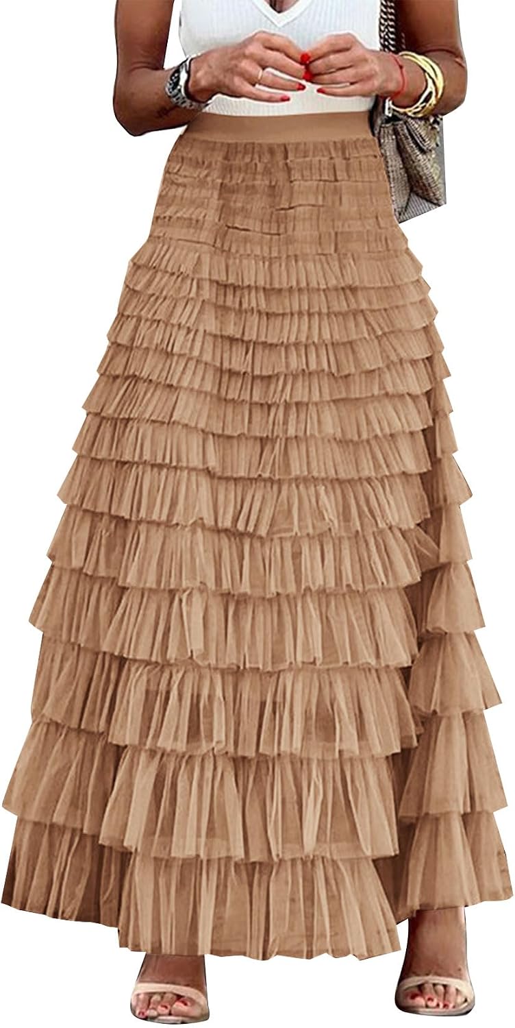 Flygo Women Long Maxi Tiered Tulle Skirts A Line Ruffle Layered Fairy Skirt