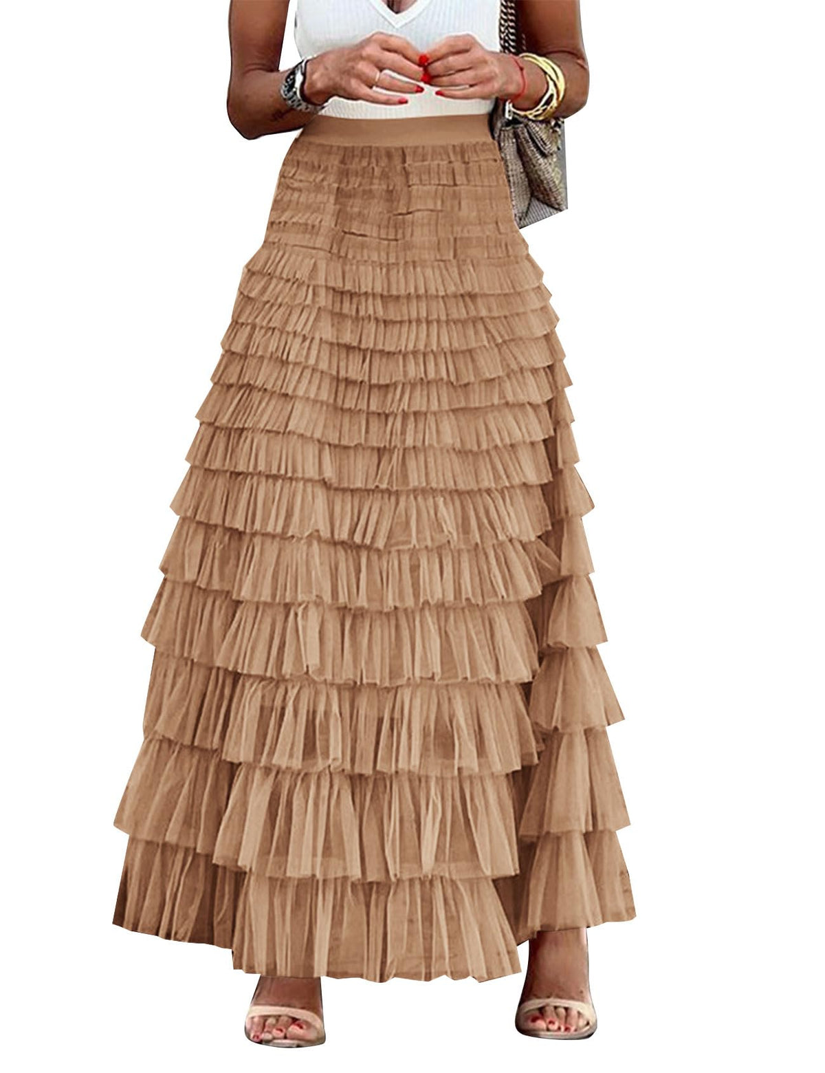 Flygo Women Long Maxi Tiered Tulle Skirts A Line Ruffle Layered Fairy Skirt