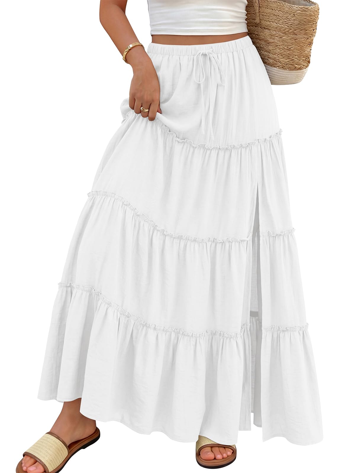 Trendy Queen Long Skirts for Women Slit Maxi Boho Skirt Summer Vacation Outfits A-Line Dress with Pockets Fashion