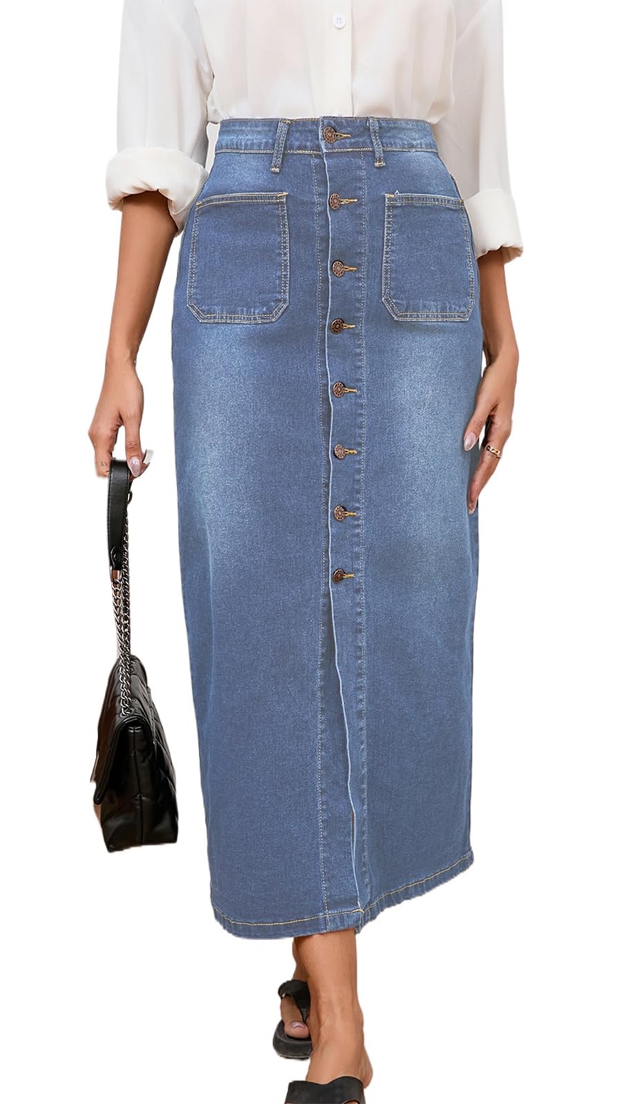 CaniBtr Women's Casual Slit Denim Midi Jean Skirt Stretch with Pockets