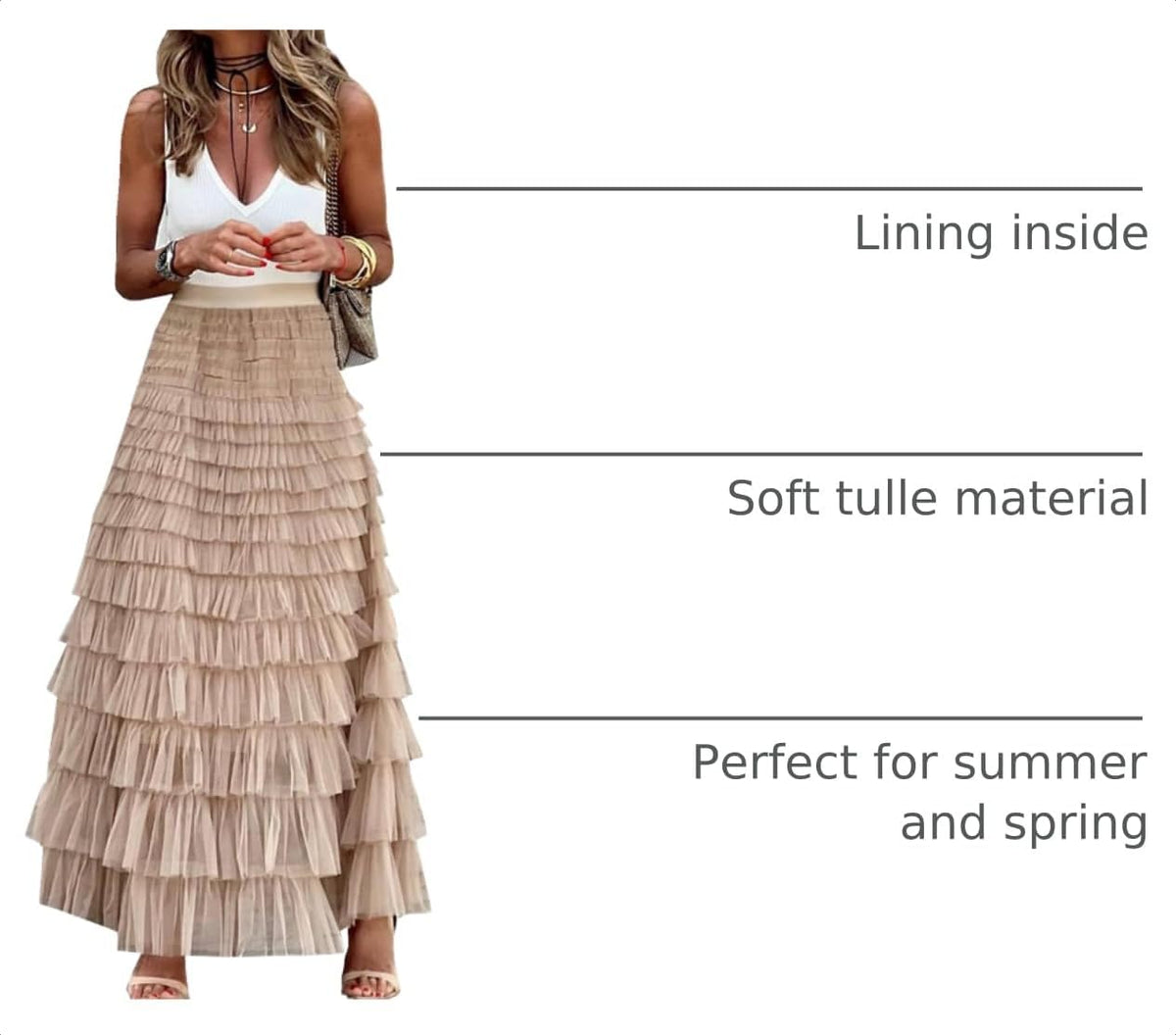 Womens Long Maxi Tulle Skirt A Line Ruffle Mesh High Waisted Tiered Layered Skirts Petticoat