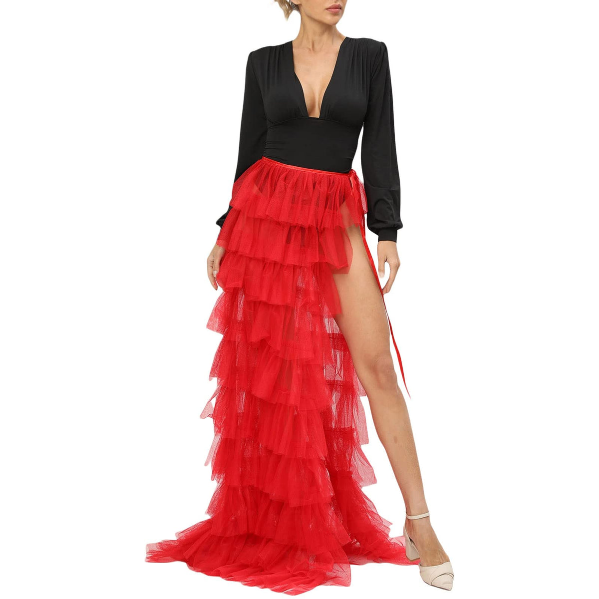 Women Y2k High Low Tulle Skirt Self-Tied Mesh Ruffle Layered See-Through Floor-Length Cocktail Prom Party Skirt