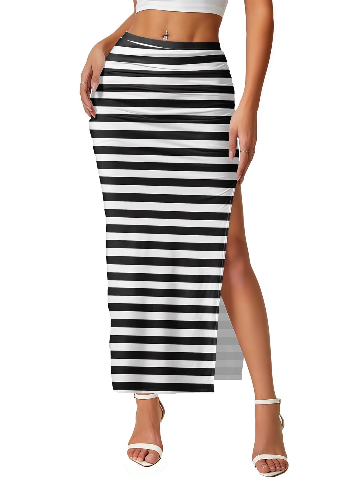 Women's Maxi Skirt Ruched Side Slit Thigh Elegant Bodycon Pencil Skirts