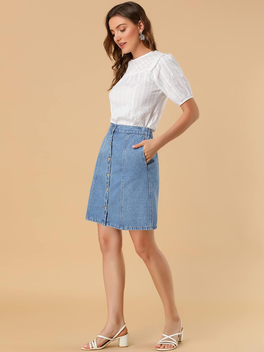 Allegra K Women's Denim Skirts Casual A-Line Short Button Down Jean Skirt