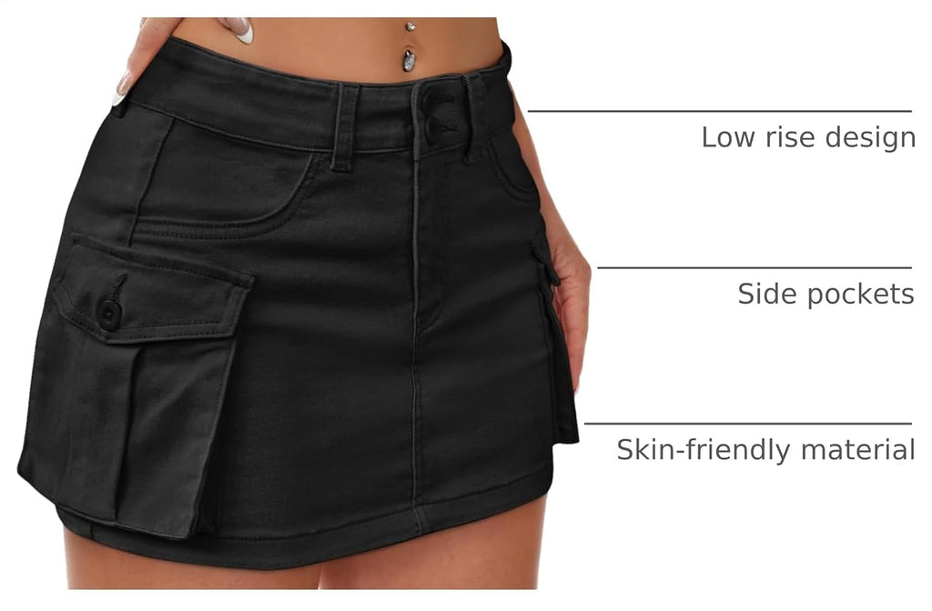 Mancreda Women Denim Mini Skirt Low Rise Y2K Jean Skirts Flap Pockets