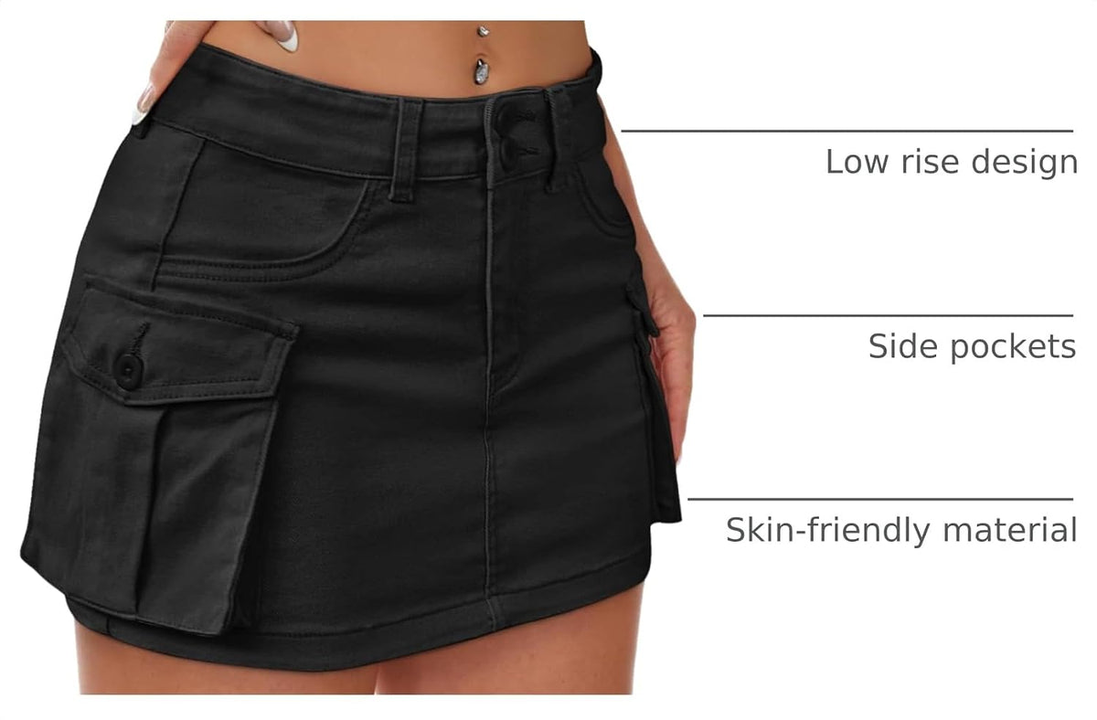Mancreda Women Denim Mini Skirt Low Rise Y2K Jean Skirts Flap Pockets