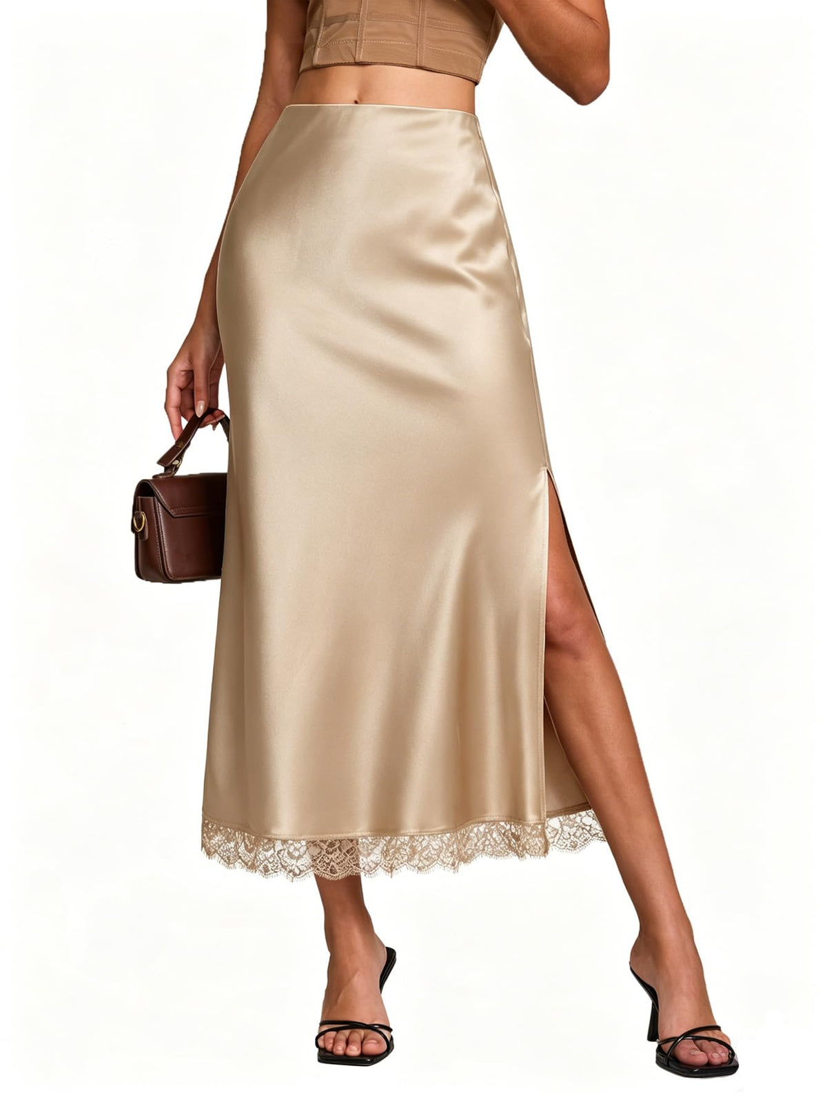 Womens Satin Silk Maxi Slit Skirt Elastic Waistband Leopard Print Maxi Long Satin Slit Skirts for Women