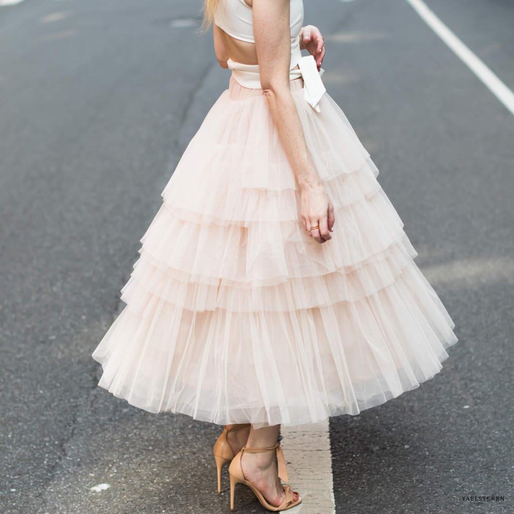 CHICWISH Women's Nude Pink/Black Tiered Layered Mesh Ballet Prom Party Tulle Tutu A-line Midi Skirt