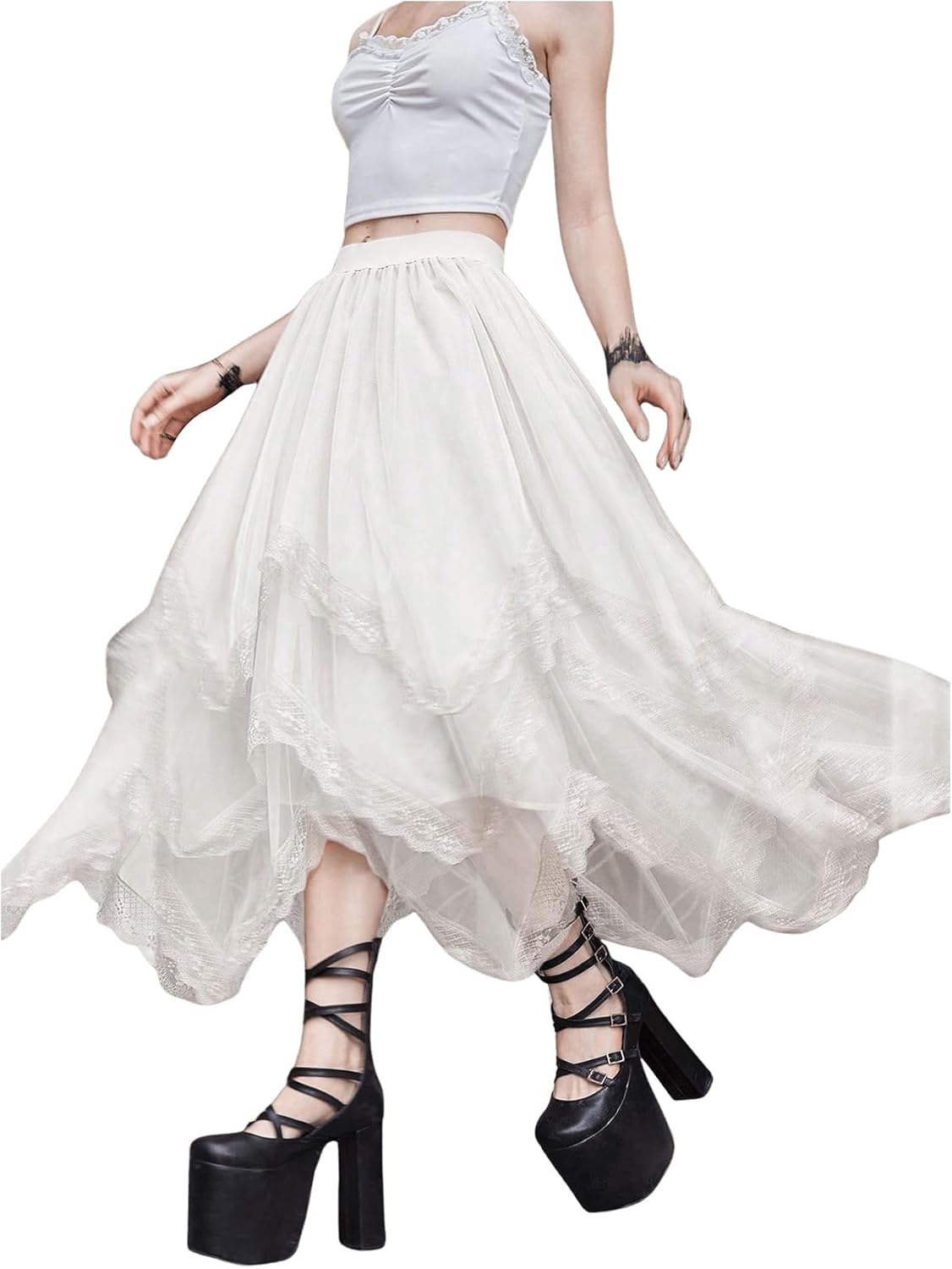 SHENHE Women's Lace Trim Layered Mesh Tulle Skirt Asymmetrical Goth Skirt