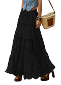 chouyatou Women's Western Floral Lace Crochet Knit Maxi Boho Skirt A-Line Eyelet Hippie Flowy Long Skirt