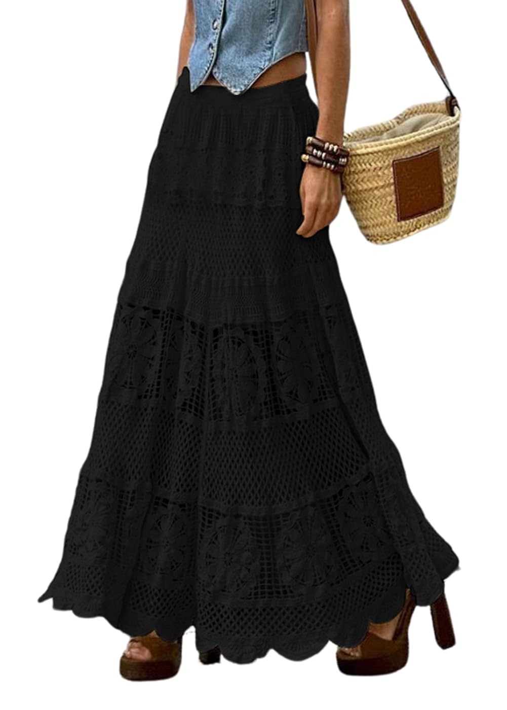 chouyatou Women's Western Floral Lace Crochet Knit Maxi Boho Skirt A-Line Eyelet Hippie Flowy Long Skirt