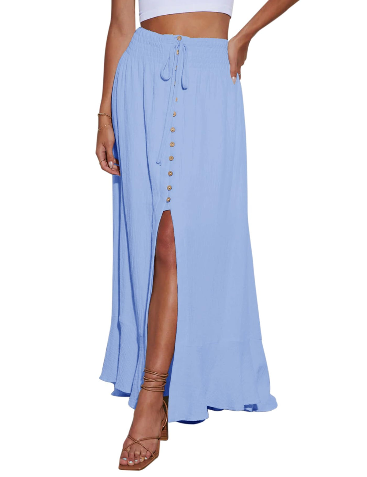 Minclouse Women's Elastic Tie Waist Button Down Maxi Skirts Casual Loose Flowy Swing Slit Front Dress