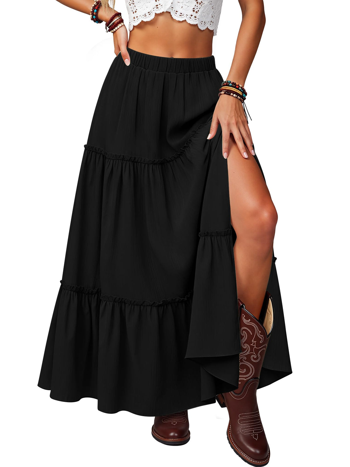 Maxi Skirts for Women 2026 Summer Side Slit Tiered Trendy Pleated Ruffle Flowy Boho Long Skirt with Pockets