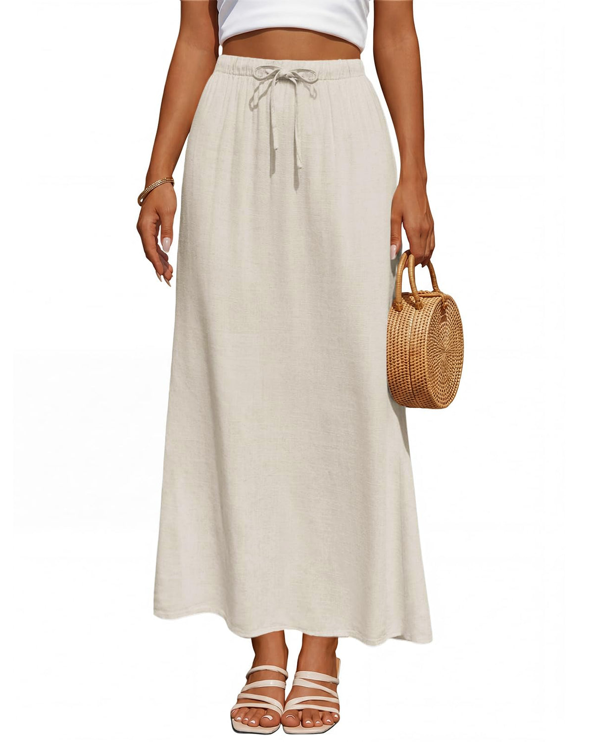 Women's Linen Maxi Skirt Back Slit High Waisted White Long Skirts