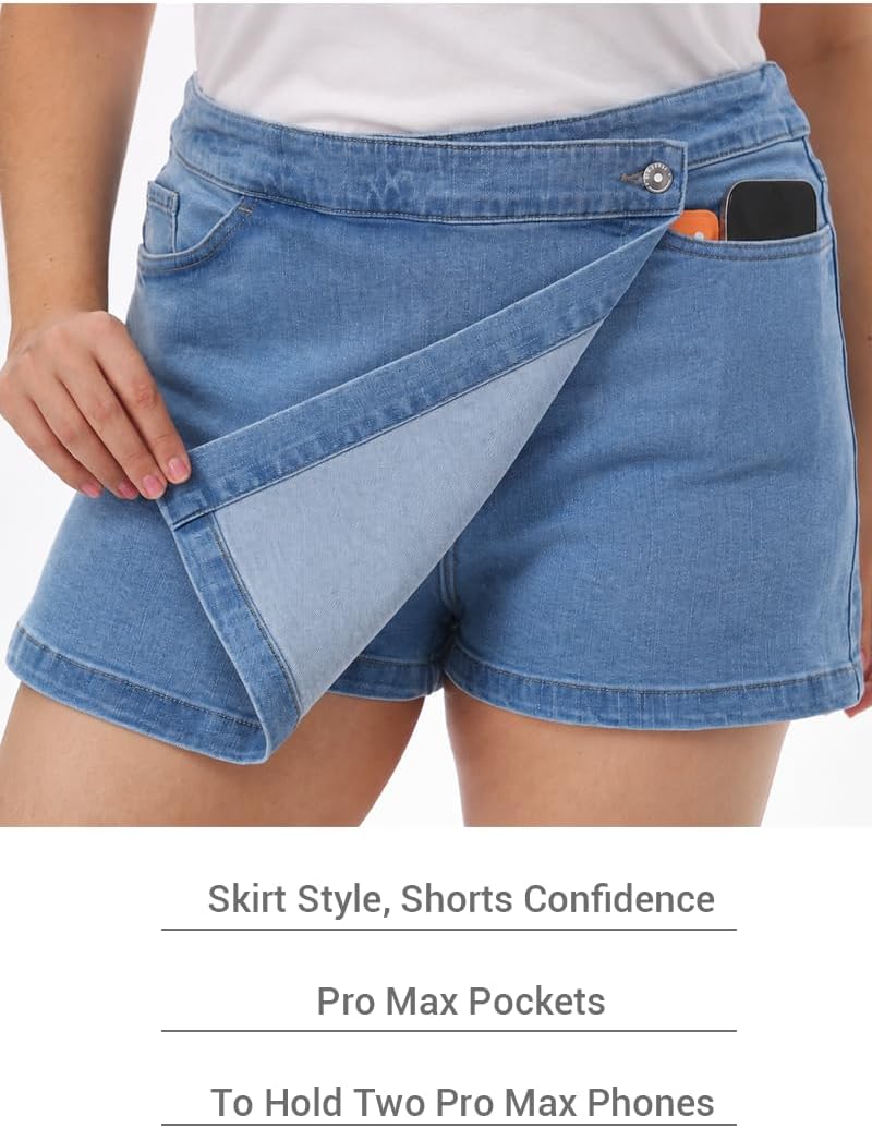 Women's High Waisted Denim Skort with Built-in Shorts, Wrap Front & Pockets