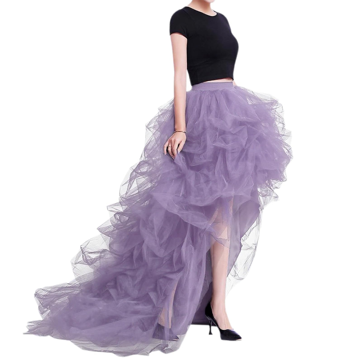 WDPL Women’s High Low Ruffled Tulle Skirt, Long Back Hem for Party Evening