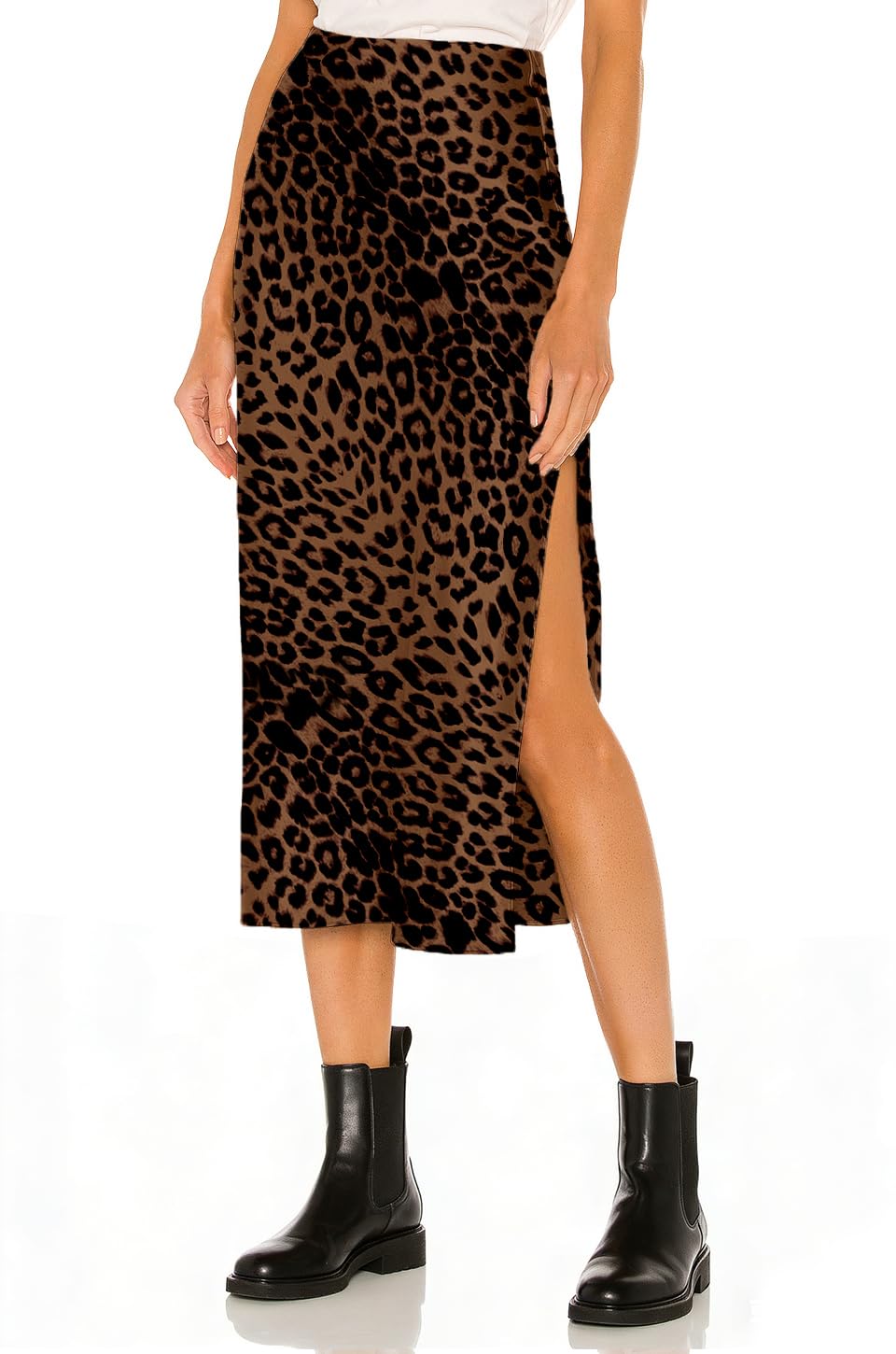 Womens Satin Silk High Waist Slit Midi Skirt Elastic Waistband Midi Skirts for Women