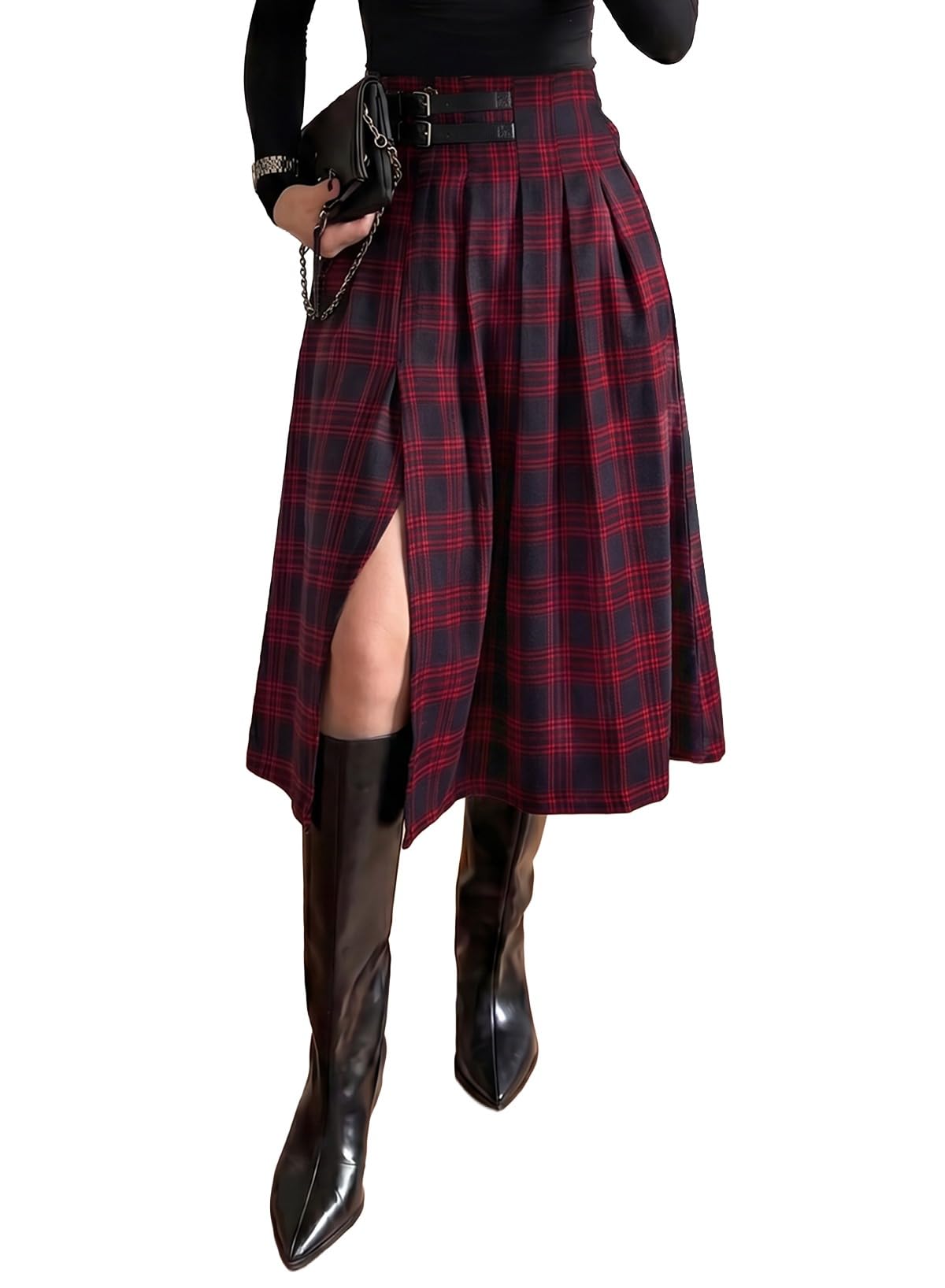 Pink Queen High Waist Side Slit Plaid Skirts for Women Midi Length
