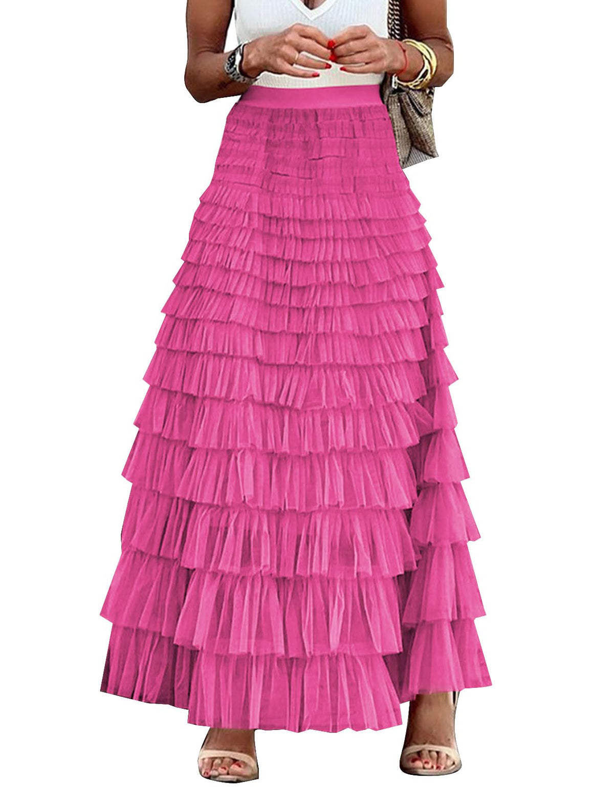 Flygo Women Long Maxi Tiered Tulle Skirts A Line Ruffle Layered Fairy Skirt