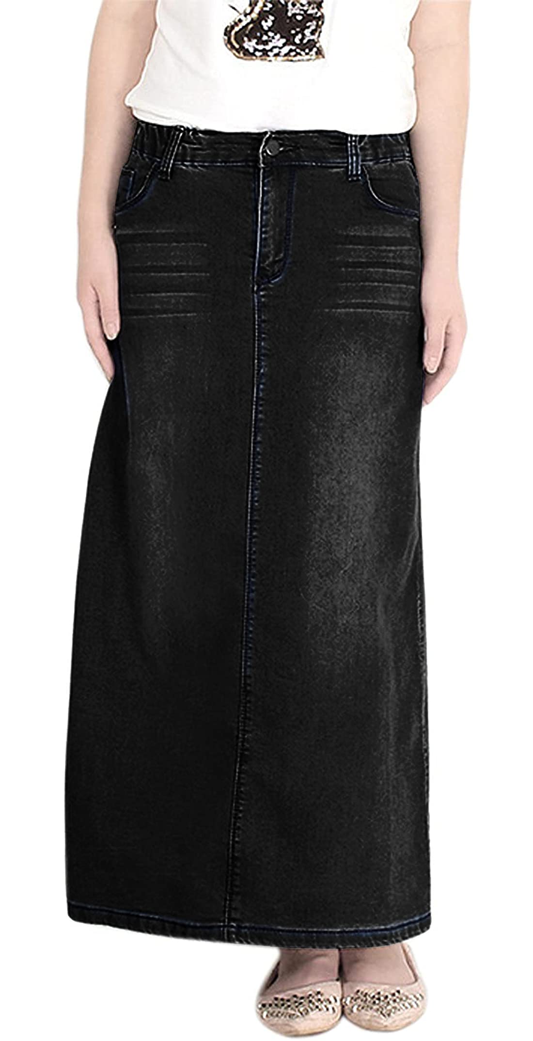chouyatou Women's Casual Stretch Waist Washed Denim A-line Maxi Skirt