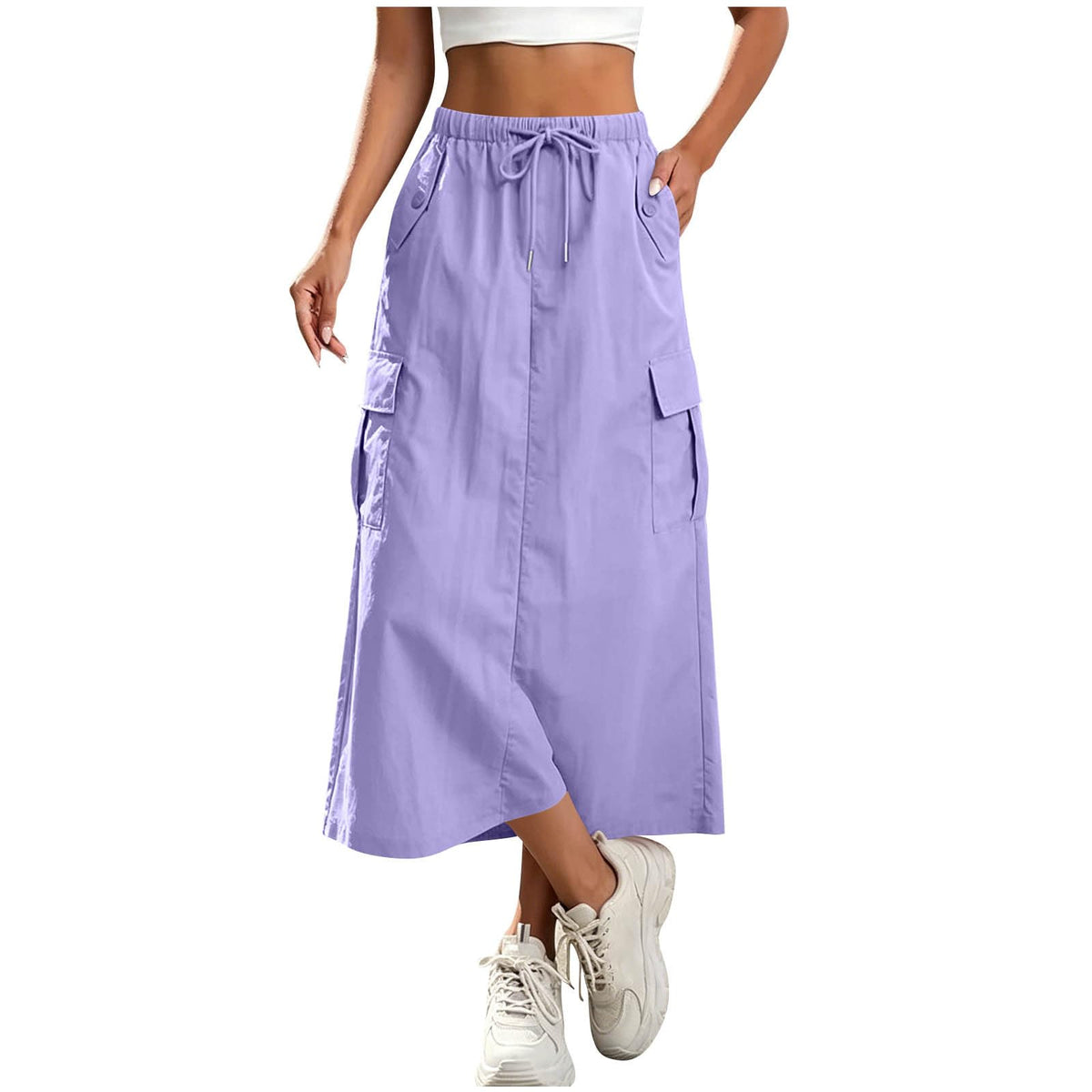 Women's Cargo Skirts Elastic Waist Drawstring Utility Midi Skirt with Multi-Pockets Casual Trendy Streetwear Skirts