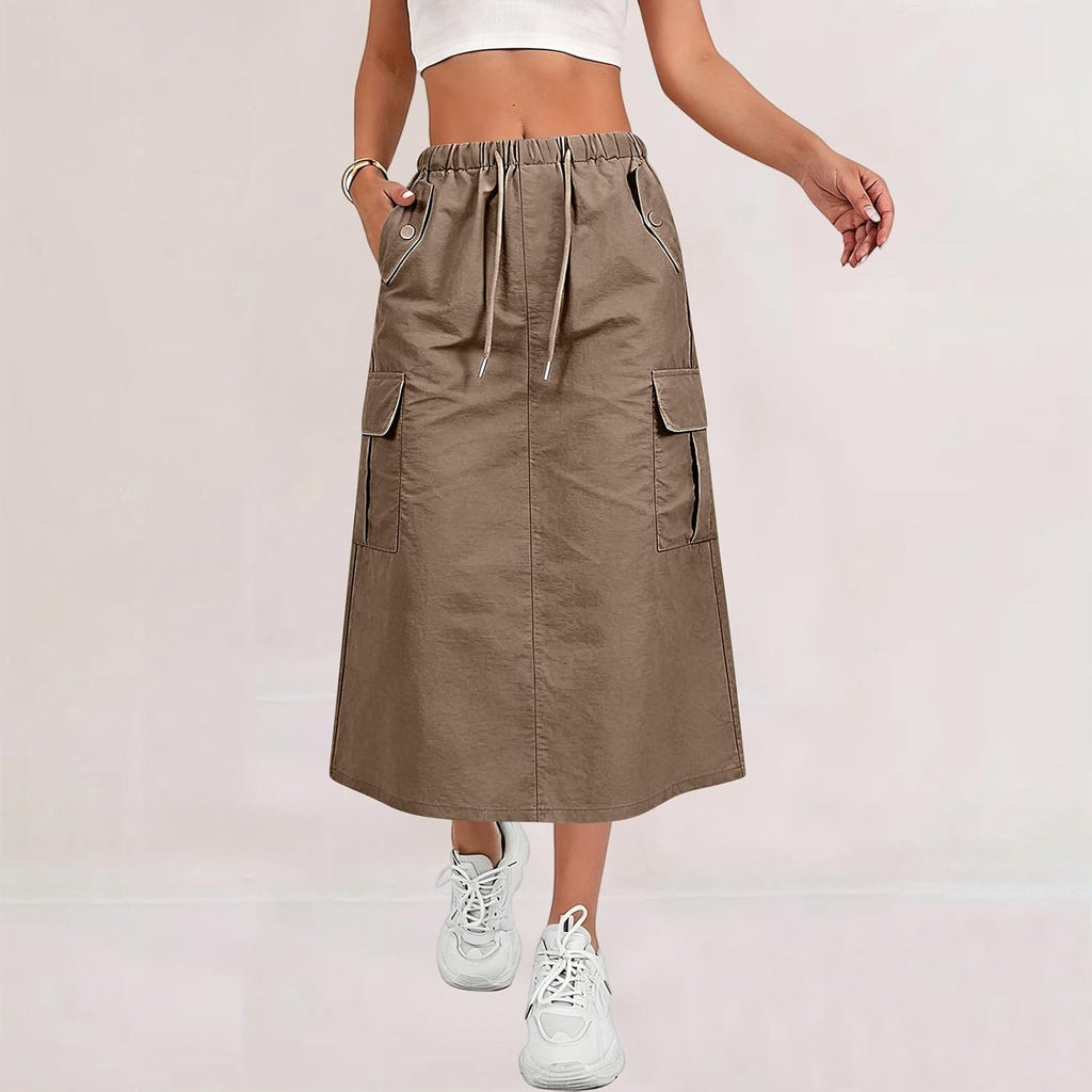 Cargo Skirts for Women Summer Trendy Quick Dry Midi Skirts Drawstring Hiking High Wasited A Line Skirt with Pockets