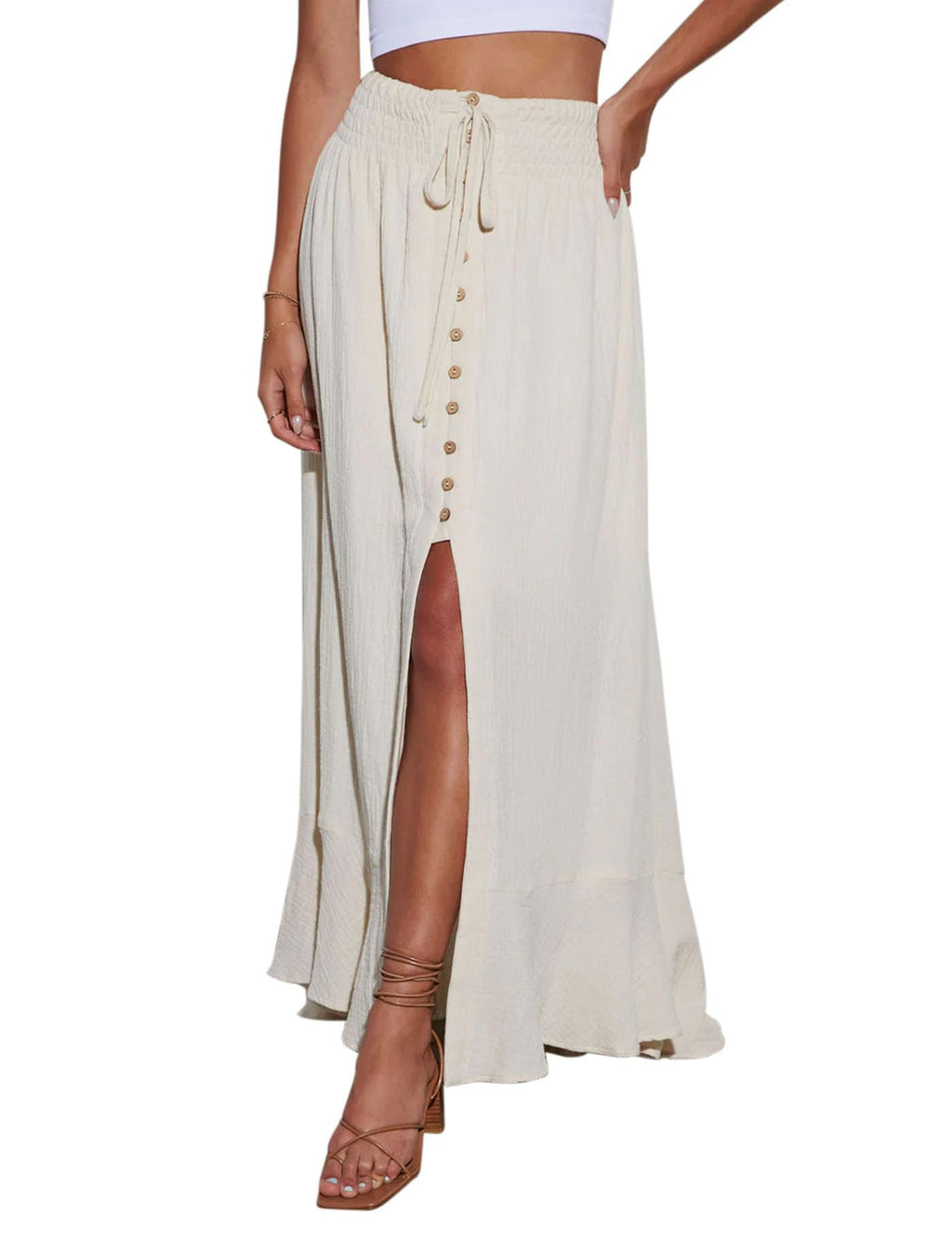 Minclouse Women's Elastic Tie Waist Button Down Maxi Skirts Casual Loose Flowy Swing Slit Front Dress