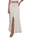 Minclouse Women's Elastic Tie Waist Button Down Maxi Skirts Casual Loose Flowy Swing Slit Front Dress
