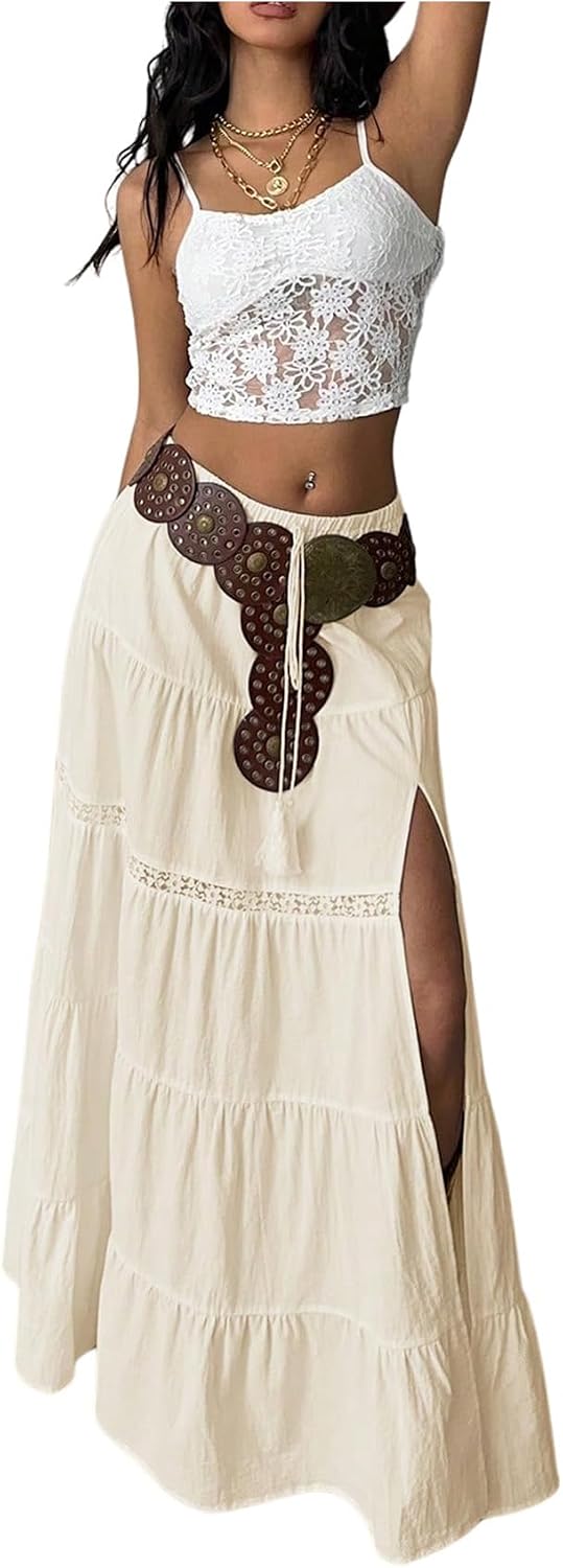 Verdusa Women's Long Maxi Skirts Boho Western Country Cncert Outfits Lace Skirt Split Layered Ruffle Skirt