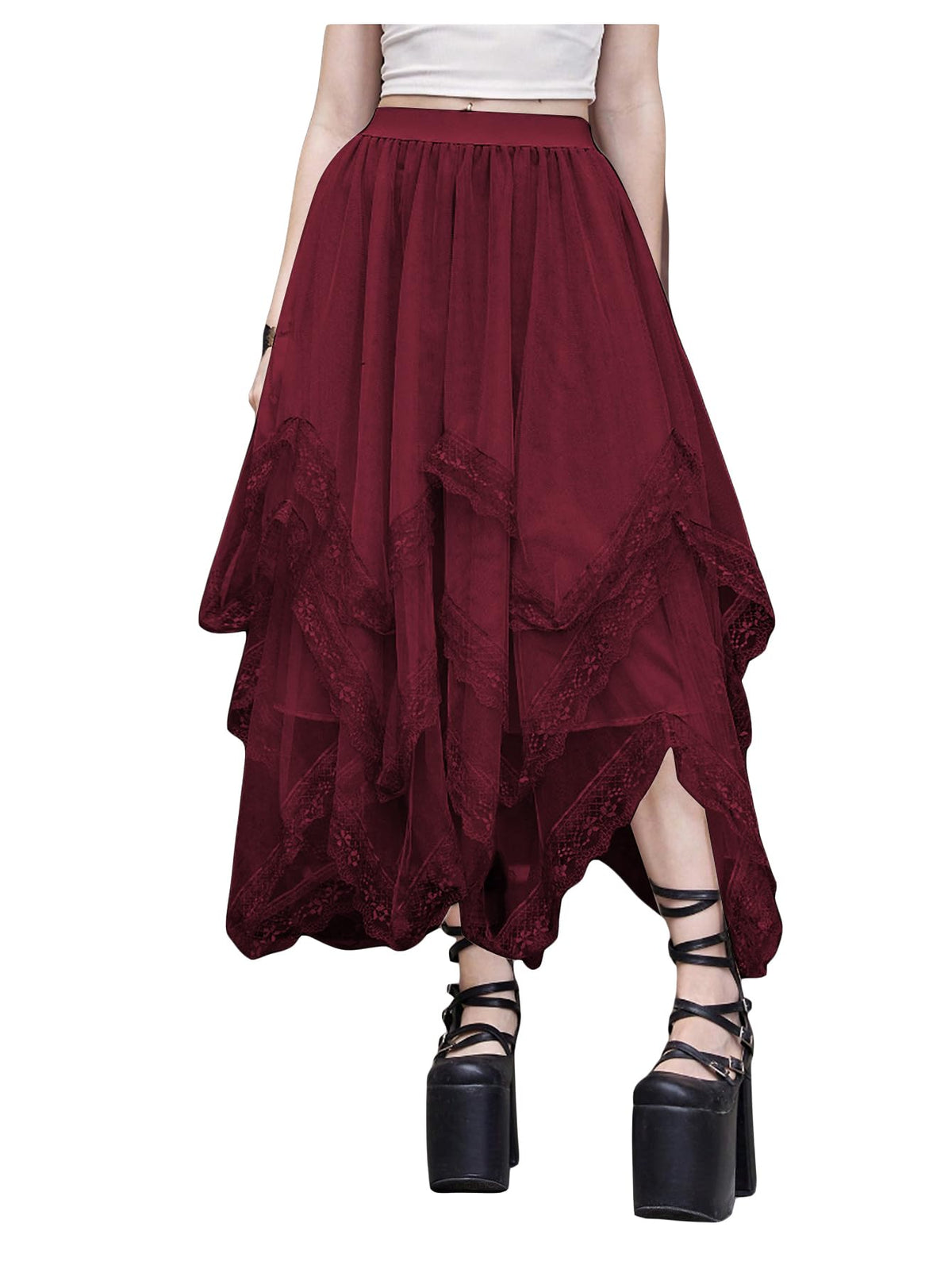 SHENHE Women's Lace Trim Layered Mesh Tulle Skirt Asymmetrical Goth Skirt
