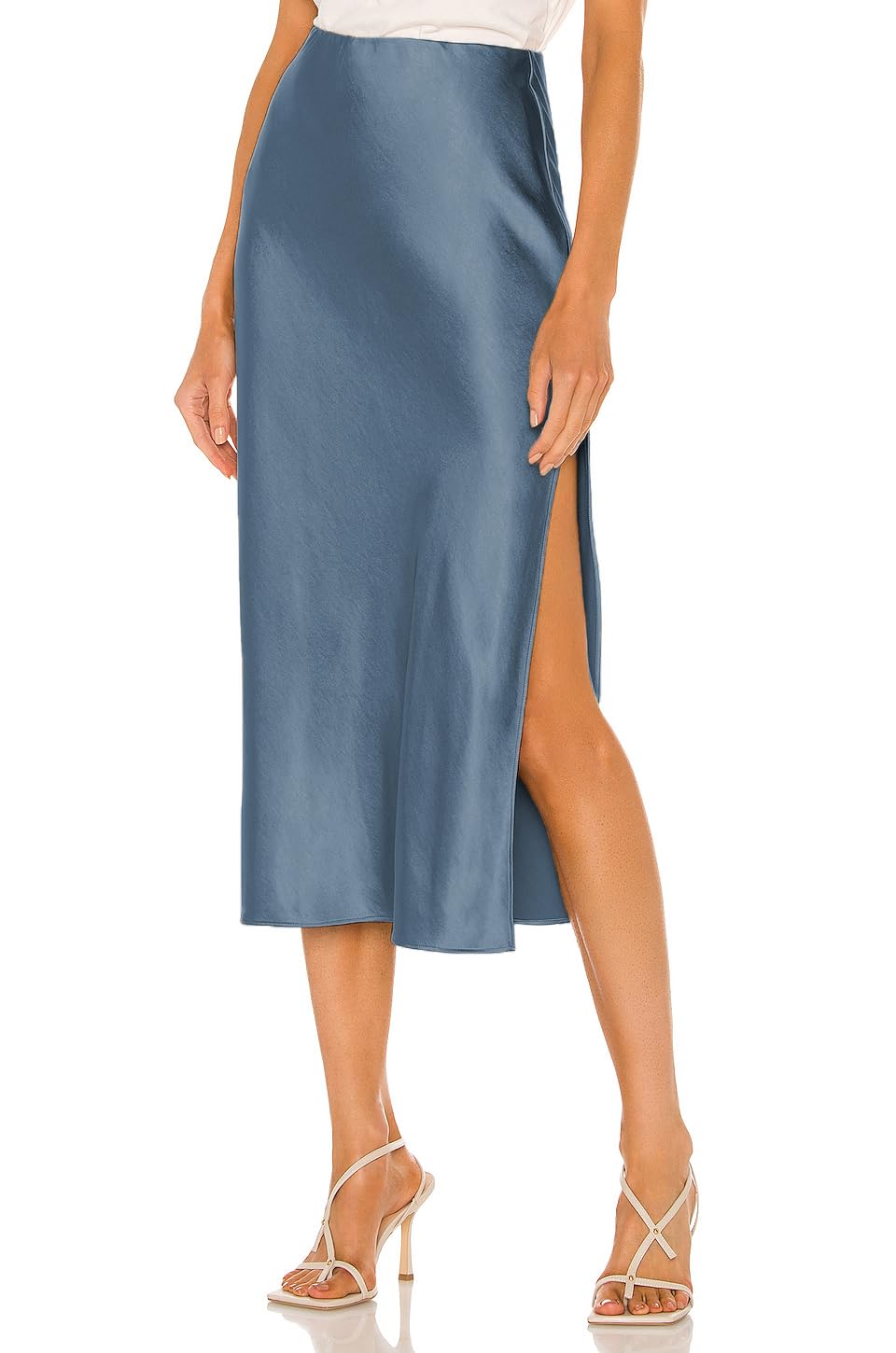 Womens Satin Silk High Waist Slit Midi Skirt Elastic Waistband Midi Skirts for Women