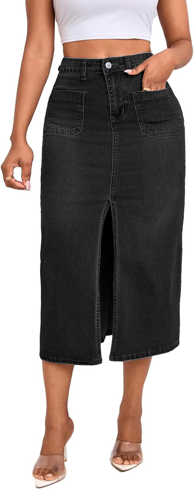 CaniBtr Women's Casual Slit Denim Midi Jean Skirt Stretch with Pockets