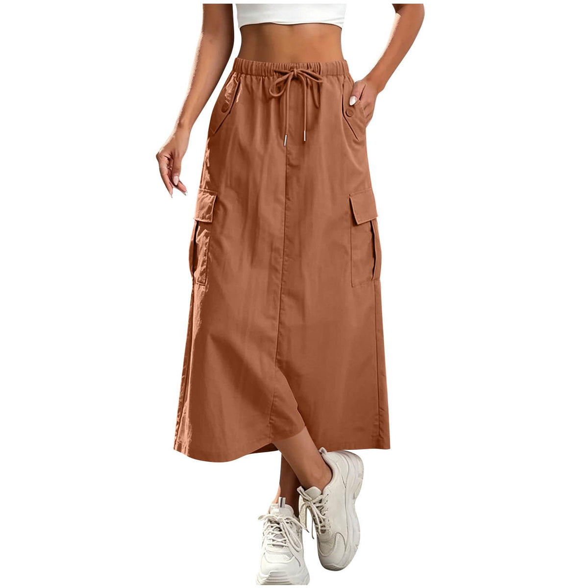 Womens Cargo Skirt High Waisted Drawstring Quick Dry Maxi Skirt Trendy Back Slit A Line Long Skirts Summer Skirts