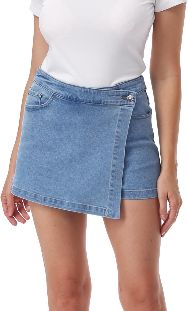 Women's High Waisted Denim Skort with Built-in Shorts, Wrap Front & Pockets