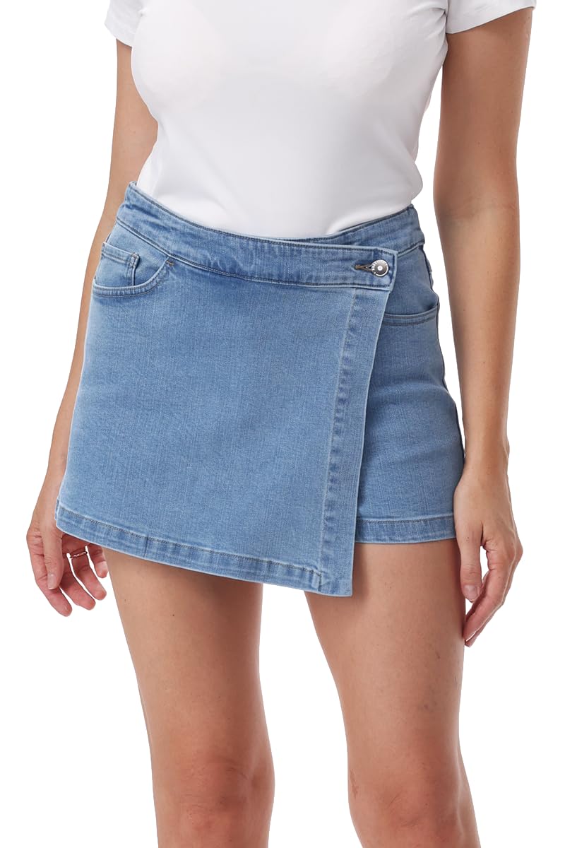 Women's High Waisted Denim Skort with Built-in Shorts, Wrap Front & Pockets