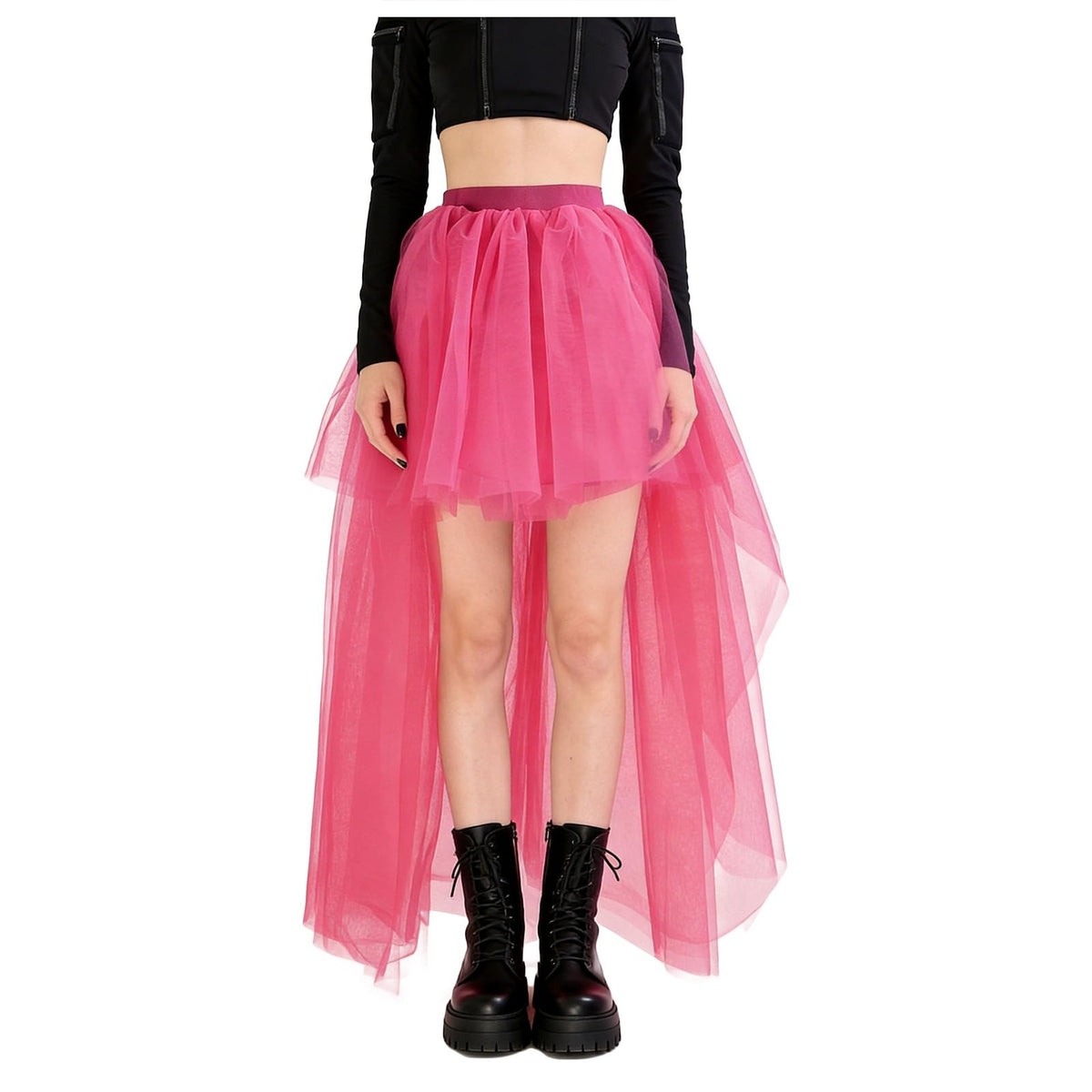 Women High Low Tutu Tulle Bustle Skirt Elastic Waist Dovetail Skirts for Wedding Party Performance
