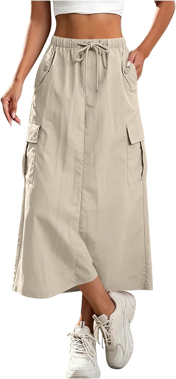 Women's Cargo Skirts Elastic Waist Drawstring Utility Midi Skirt with Multi-Pockets Casual Trendy Streetwear Skirts