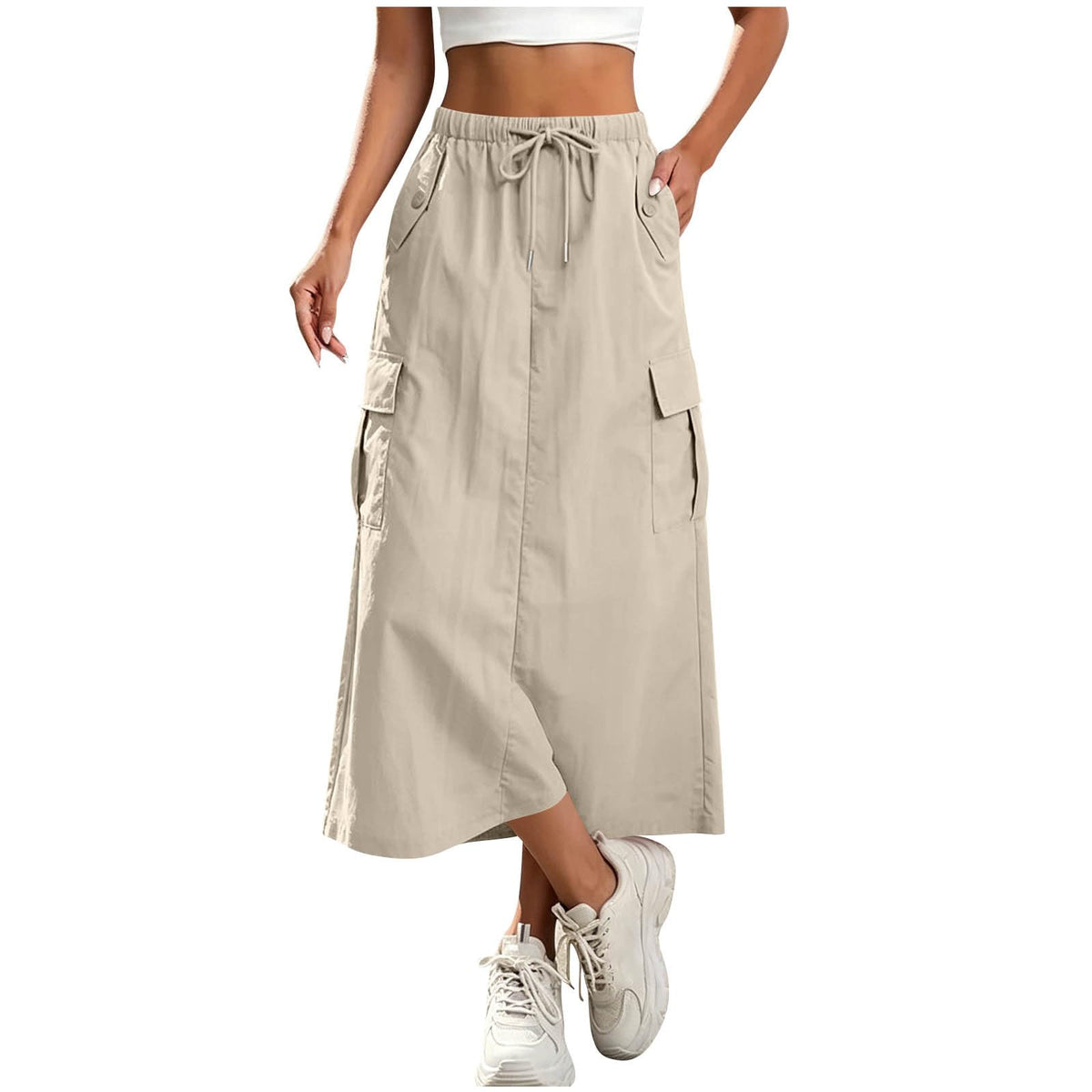 Womens Cargo Skirt High Waisted Drawstring Quick Dry Maxi Skirt Trendy Back Slit A Line Long Skirts Summer Skirts