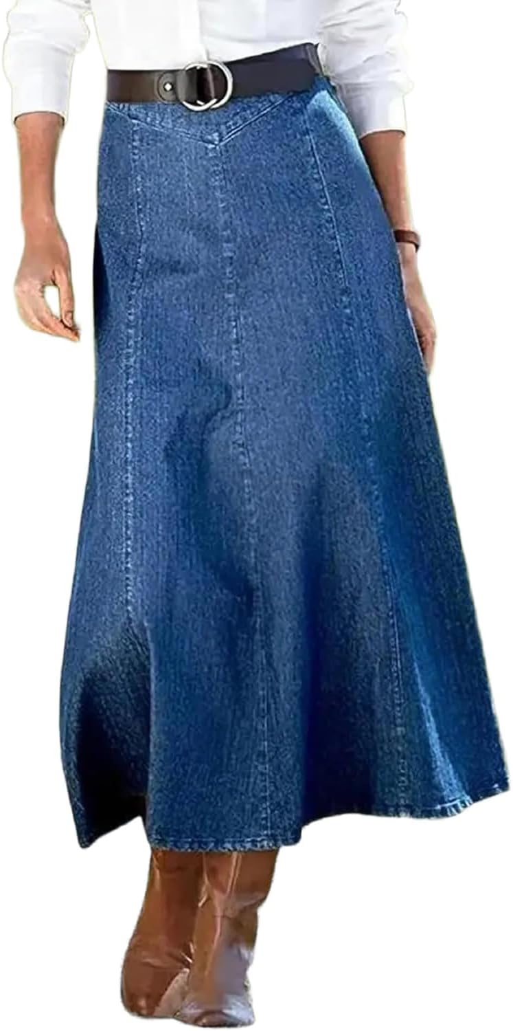 yoeasy Women's Vintage Denim Maxi Skirt Casual High Waist Flowy Swing A-Line Long Jean Skirt