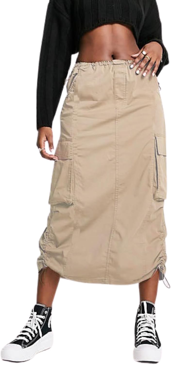 Women Y2k Cargo Long Skirt Low Waist Drawstring Maxi Skirt Ruched Vintage Slit Cargo Skirt with Pockets