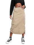 Women Y2k Cargo Long Skirt Low Waist Drawstring Maxi Skirt Ruched Vintage Slit Cargo Skirt with Pockets