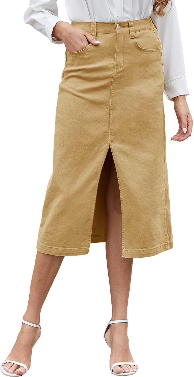 HERBATOMIA Women's Cargo Midi Skirt High Elastic Waist Front Slit Vintage Style Trendy Long Solid Skirts for Women