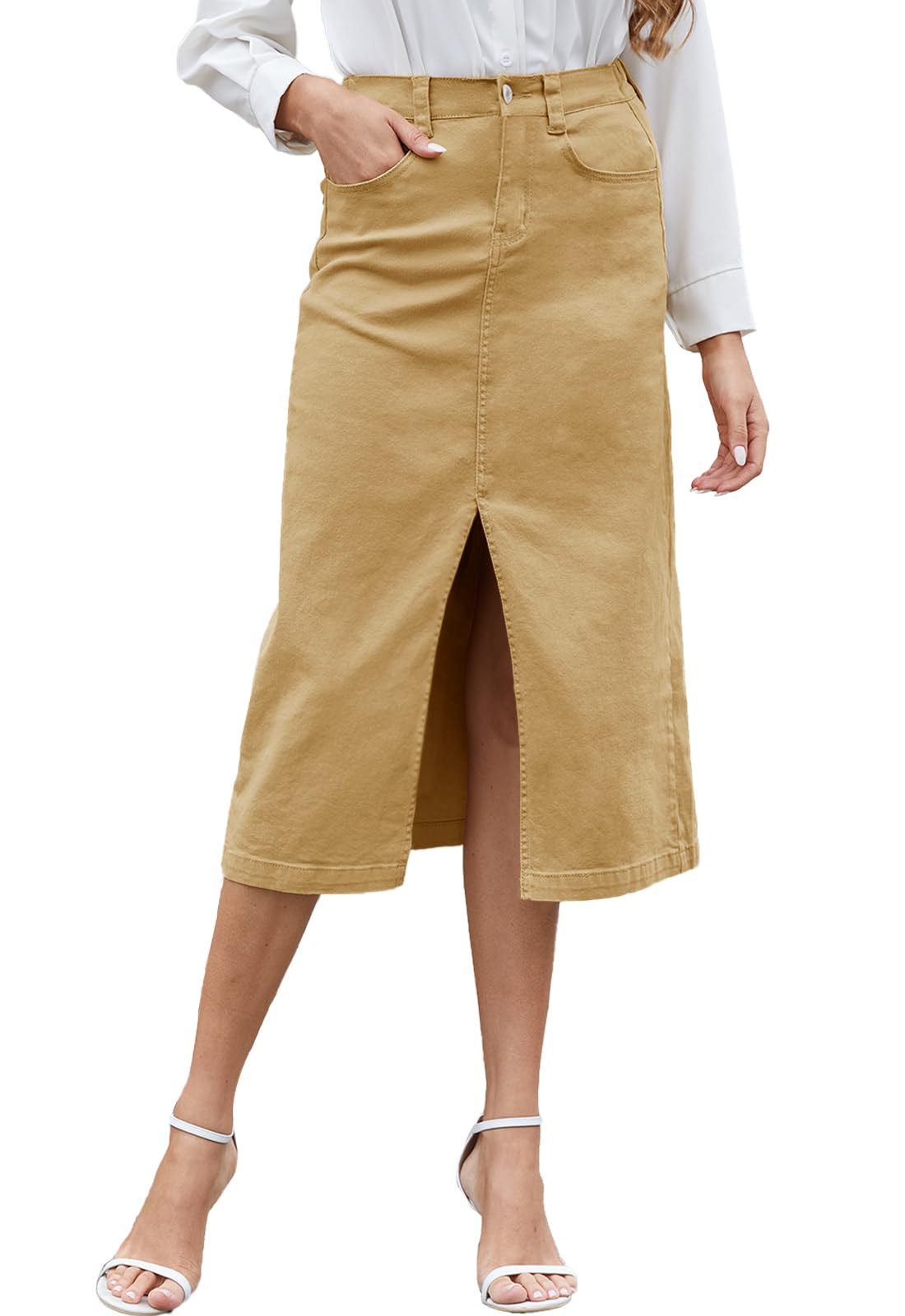 HERBATOMIA Women's Cargo Midi Skirt High Elastic Waist Front Slit Vintage Style Trendy Long Solid Skirts for Women