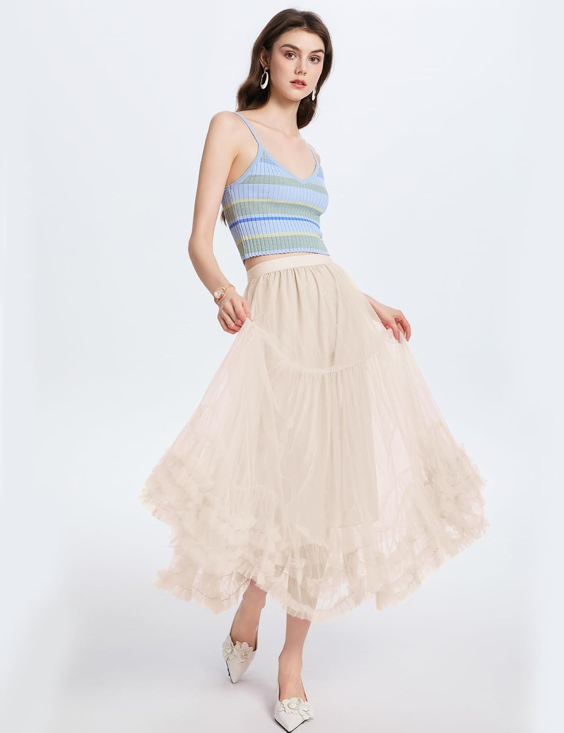 Flygo Womens Maxi Tulle Skirt A Line Tiered Mesh Tutu Fairy Skirts