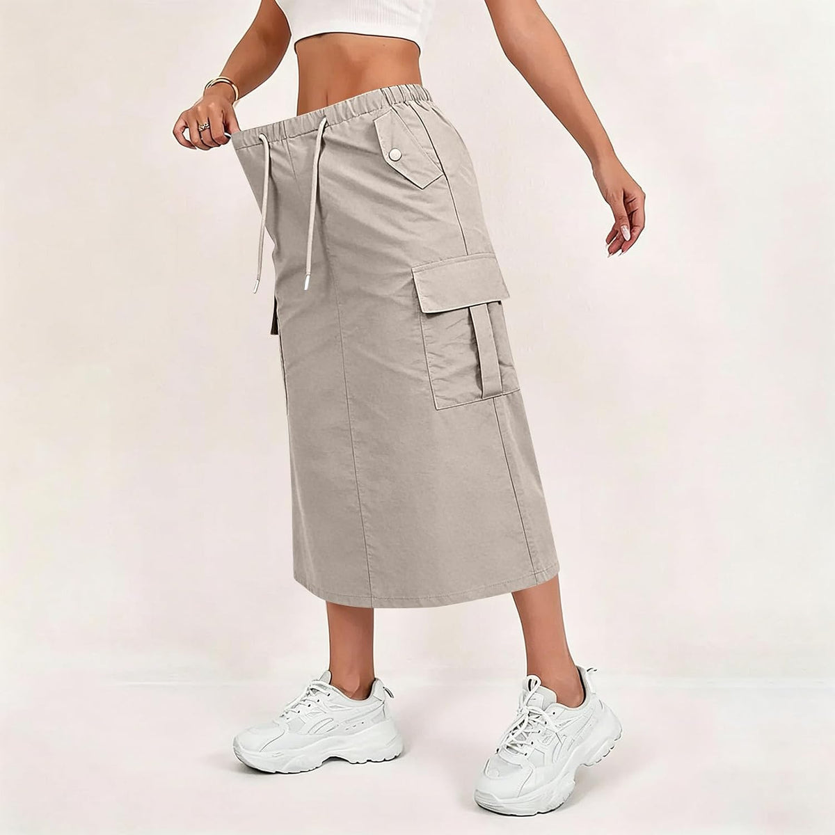 Cargo Skirts for Women Y2K Quick Dry Hiking Maxi Skirt Casual Drawstring High Waisted Parachute Skirts with Pockets