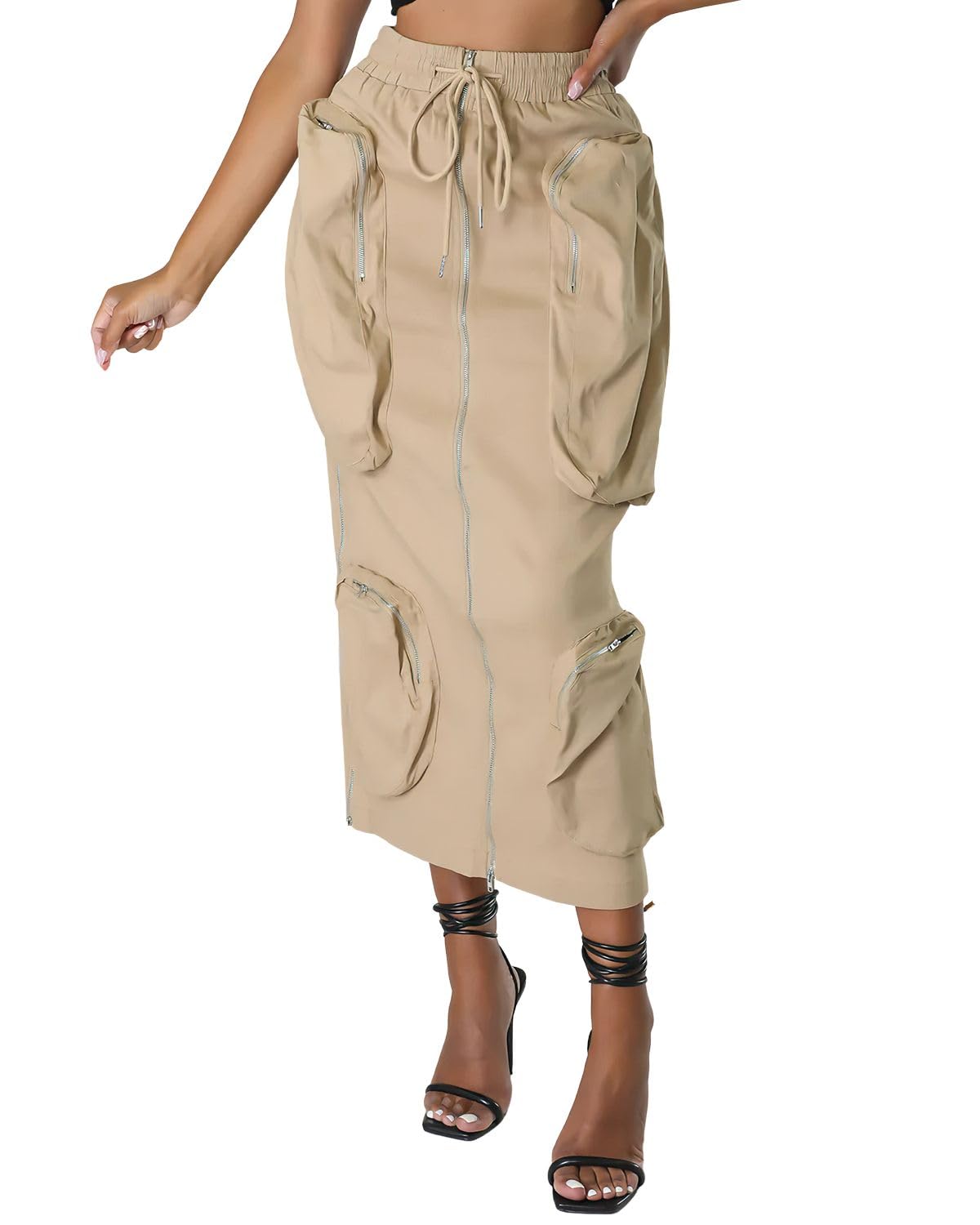 ebossy Women's Vintage 90s Drawstring Stretchy Zipper Muti-Pockets Pencil Long Cargo Skirt