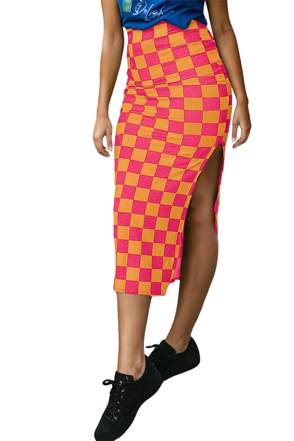 EARKOHA Womens Checkered Slit Midi Skirt Summer Fall Bodycon Long Skirts