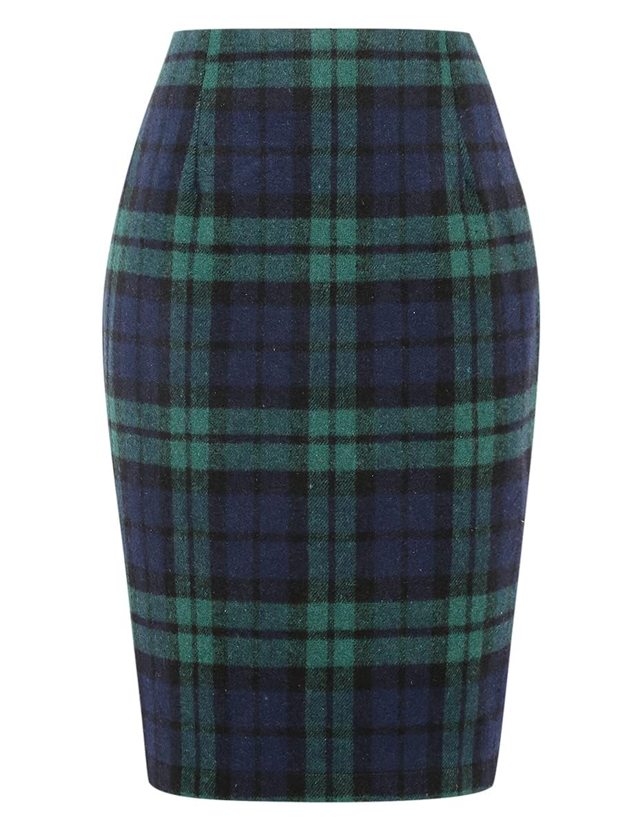 IDEALSANXUN Plaid Skirts for Women Fall Winter Knee Length Pencil Wool Skirt with Slit