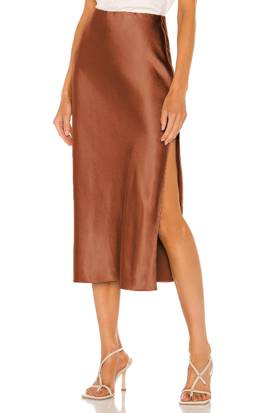 Womens Satin Silk High Waist Slit Midi Skirt Elastic Waistband Midi Skirts for Women